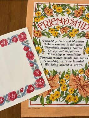 Friendship Floral Tea Towel & Rose Border Napkin Set - Peach, Yellow, Green, Red